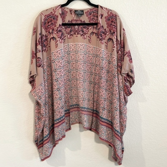 Angie Women Kimono Cardigan Large Pink Longline Floral Coastal Grandma Bohemian - Picture 3 of 13